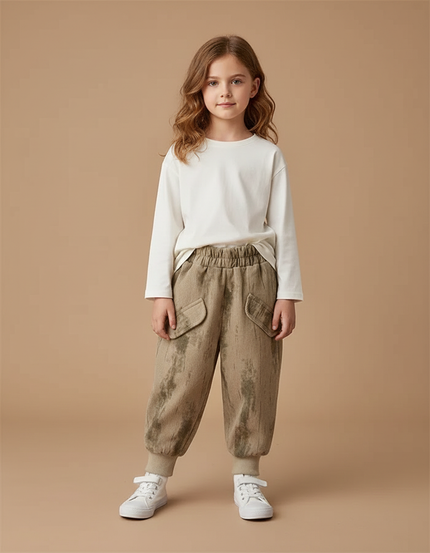 Pantalon Cargo Beige Ample Décontracté Enfant Mixte - Kaki Molleton