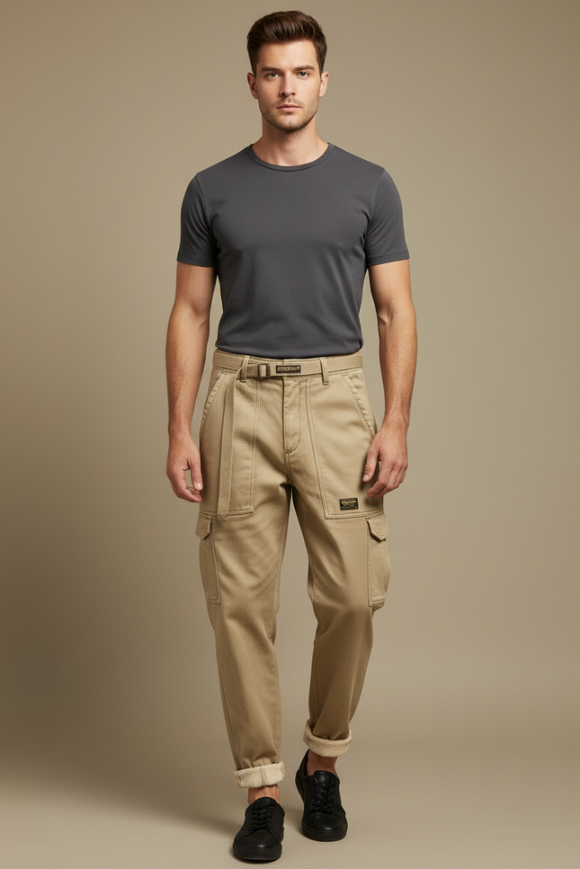 Pantalon Cargo Beige Coton Décontracté Coupe Ajustée