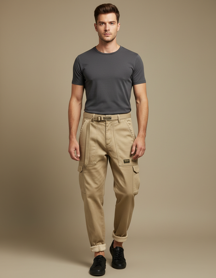 Pantalon Cargo Beige Coton Décontracté Coupe Ajustée