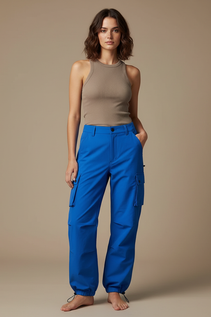 Pantalon Cargo Bleu Vif Décontracté Coupe Ample - Polyester