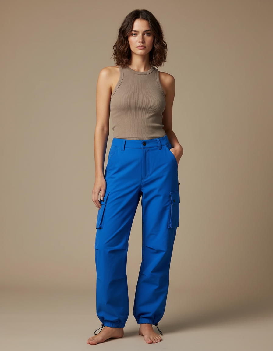 Pantalon Cargo Bleu Vif Décontracté Coupe Ample - Polyester