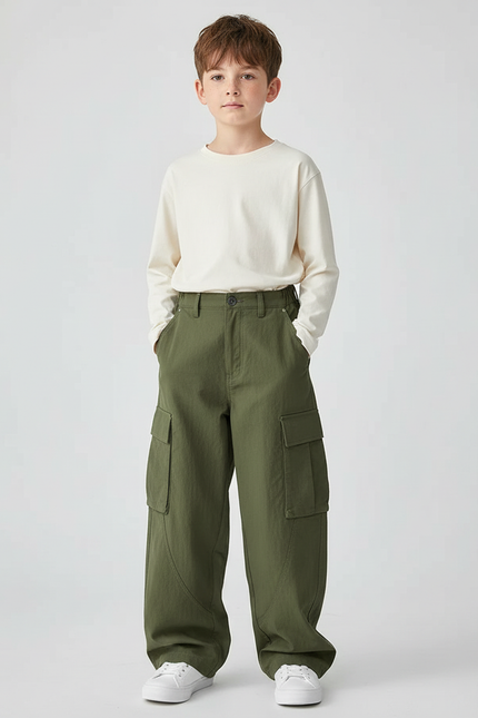 Pantalon Cargo Vert Olive Ample Coton Enfant - Kaki Toile