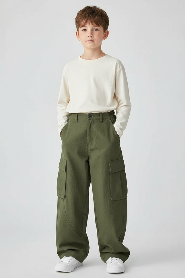 Pantalon Cargo Vert Olive Ample Coton Enfant - Kaki Toile