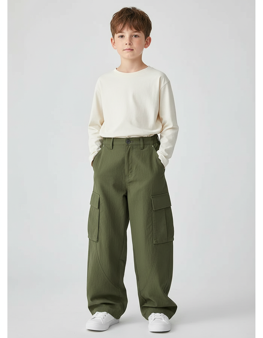 Pantalon Cargo Vert Olive Ample Coton Enfant - Kaki Toile