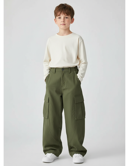 Pantalon Cargo Vert Olive Ample Coton Enfant - Kaki Toile