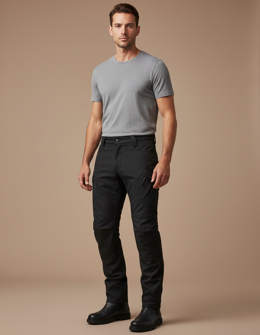 Pantalon Cargo Noir Homme Durable Multipoches Coupe Droite - Polyester
