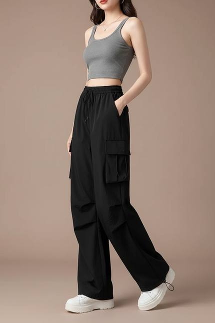 Pantalon Cargo Noir Fluide Ample Décontracté Femme - Polyester