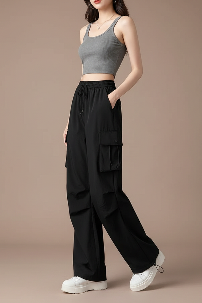Pantalon Cargo Noir Fluide Ample Décontracté Femme - Polyester