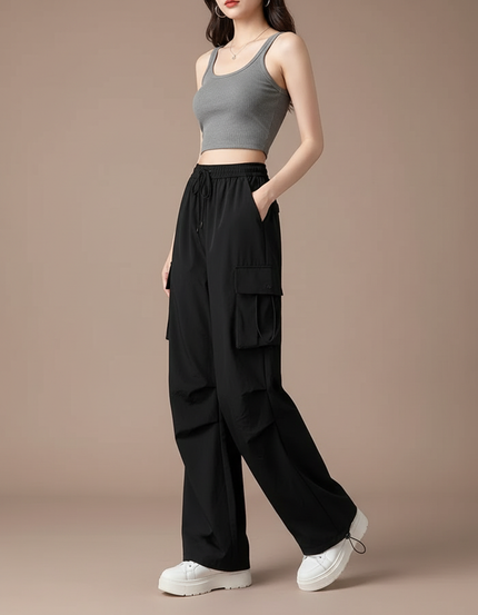 Pantalon Cargo Noir Fluide Ample Décontracté Femme - Polyester