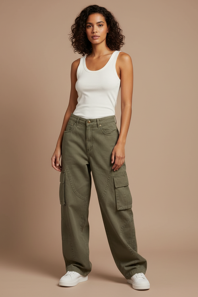 Pantalon Cargo Vert Ample Femme Denim Vintage - Kaki Jean