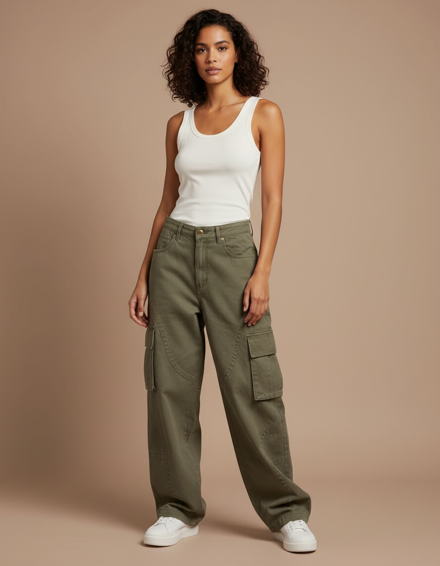 Pantalon Cargo Vert Ample Femme Denim Vintage - Kaki Jean
