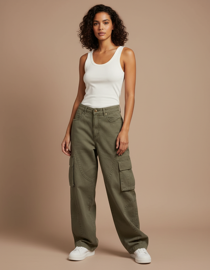 Pantalon Cargo Vert Ample Femme Denim Vintage - Kaki Jean