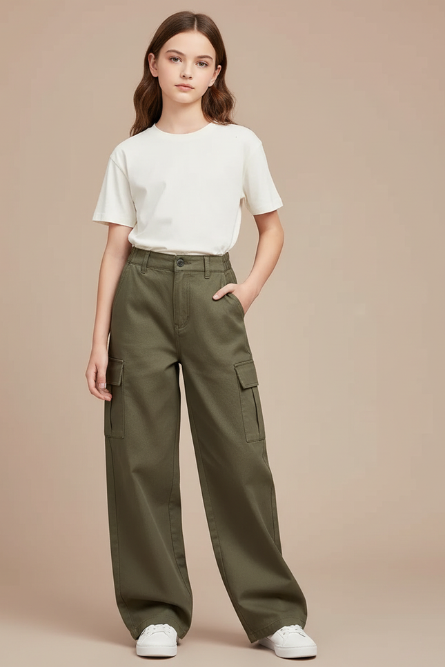 Pantalon Cargo Kaki Ample Décontracté Fille Coton