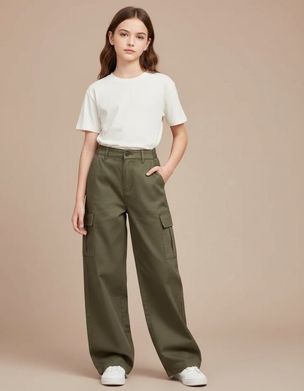 Pantalon Cargo Kaki Ample Décontracté Fille Coton