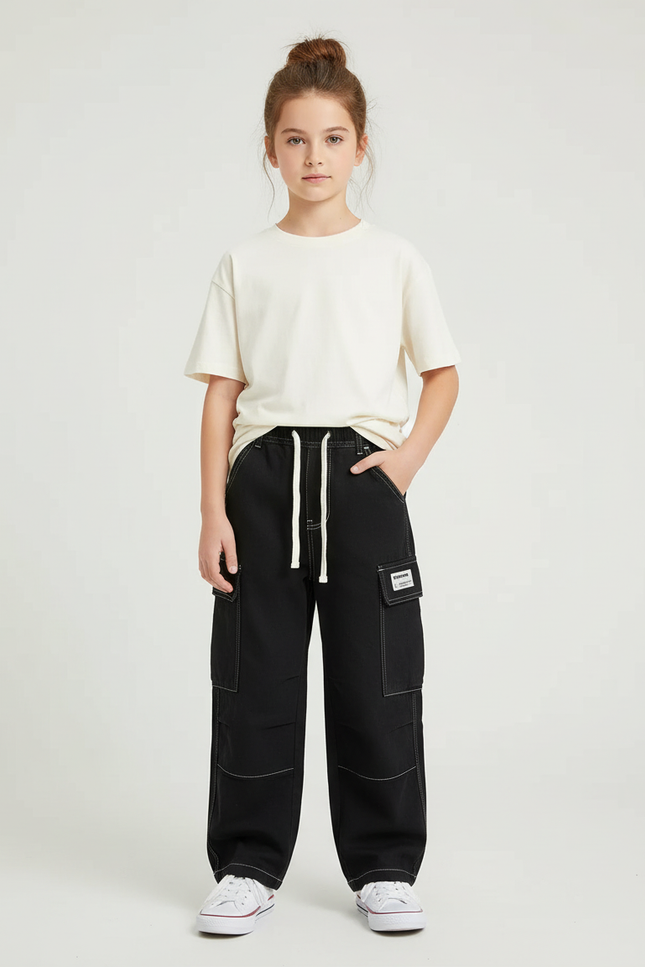 Pantalon Cargo Noir Ample Coton Multipoches Garçon - Toile
