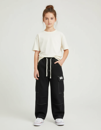 Pantalon Cargo Noir Ample Coton Multipoches Garçon - Toile