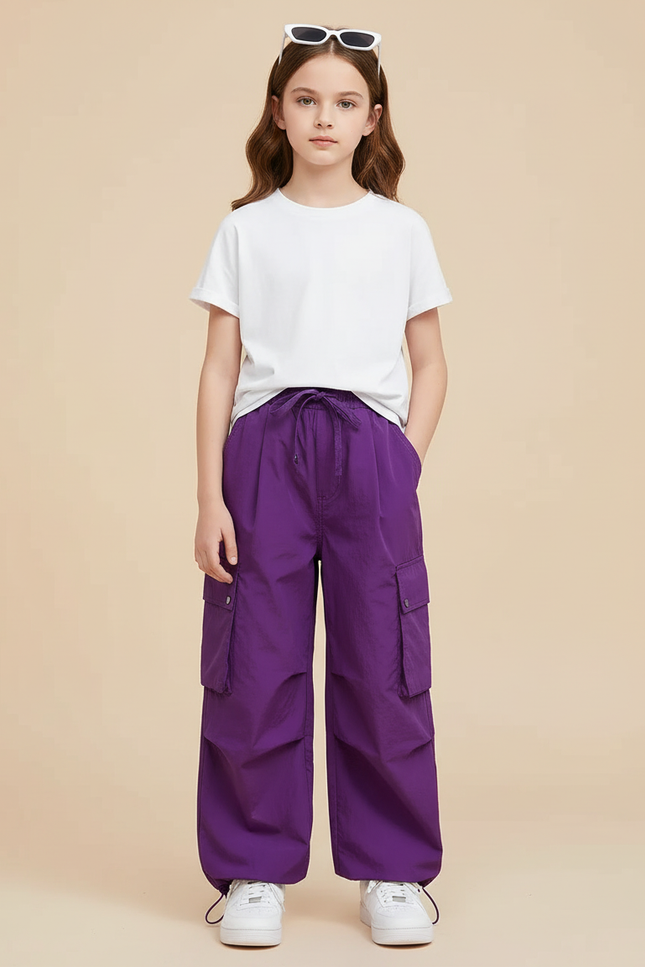 Pantalon Cargo Violet Ample Fille Décontracté - Polyester