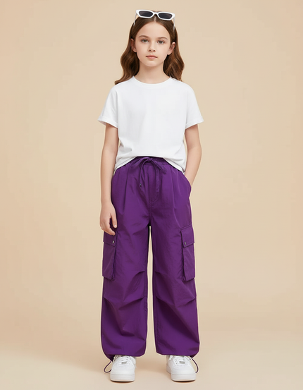 Pantalon Cargo Violet Ample Fille Décontracté - Polyester