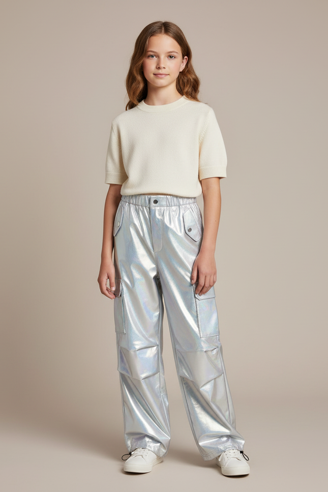 Pantalon Cargo Métallique Ample Brillant Multipoches Fille - Argenté Polyester