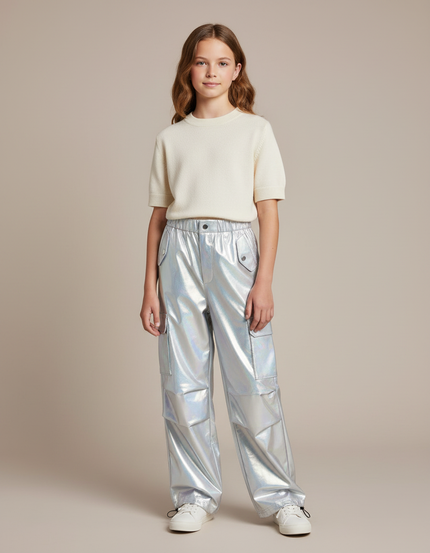 Pantalon Cargo Métallique Ample Brillant Multipoches Fille - Argenté Polyester