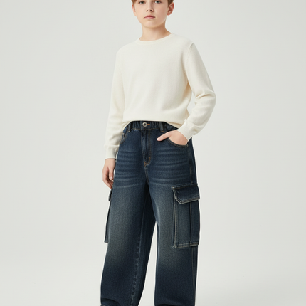 Pantalon Cargo Denim Ample Garçon Multipoches Décontracté - Bleu Jean