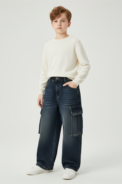 Pantalon Cargo Denim Ample Garçon Multipoches Décontracté - Bleu Jean