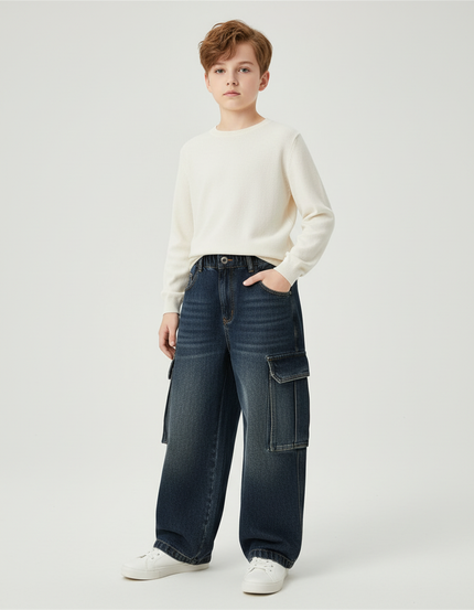Pantalon Cargo Denim Ample Garçon Multipoches Décontracté - Bleu Jean