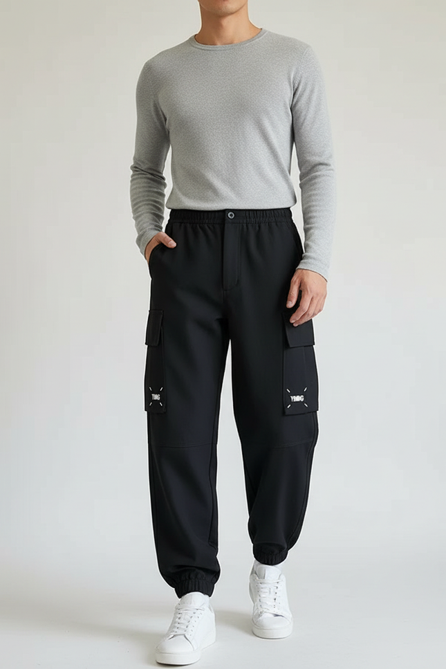 Pantalon Cargo Noir Décontracté Ample Homme Streetwear - Polyester