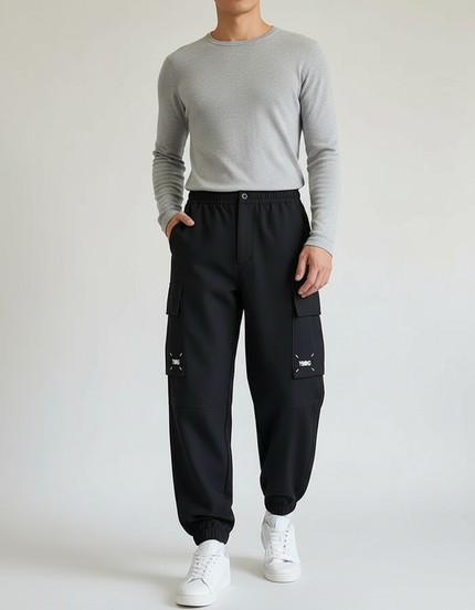 Pantalon Cargo Noir Décontracté Ample Homme Streetwear - Polyester