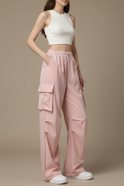 Pantalon Cargo Rose Ample Taille Haute Multipoches - Polyester