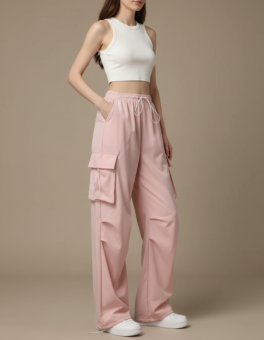 Pantalon Cargo Rose Ample Taille Haute Multipoches - Polyester