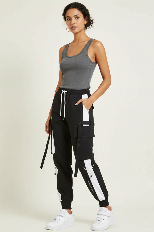 Pantalon Cargo Noir Blanc Ample Streetwear Femme - Polyester
