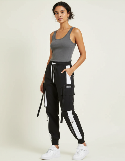 Pantalon Cargo Noir Blanc Ample Streetwear Femme - Polyester