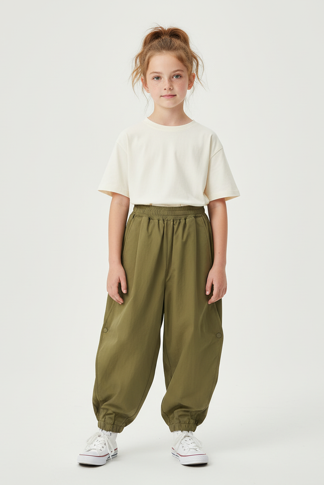 Pantalon Cargo Vert Olive Ample Décontracté Enfant - Kaki Polyester