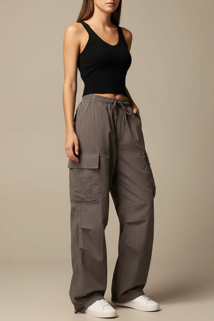 Pantalon Cargo Gris Ample Décontracté Poches - Polyester