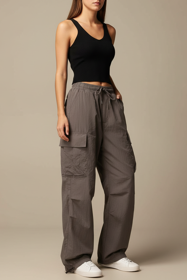 Pantalon Cargo Gris Ample Décontracté Poches - Polyester
