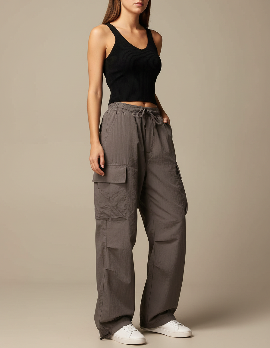 Pantalon Cargo Gris Ample Décontracté Poches - Polyester