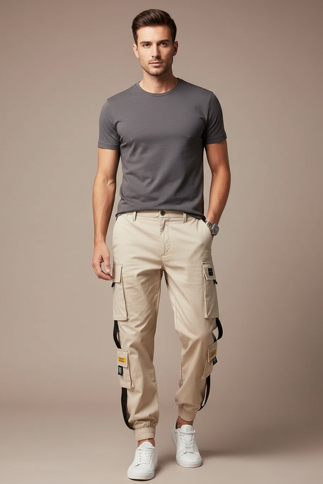 Pantalon Cargo Beige Homme Coton Multi-Poches Jogger