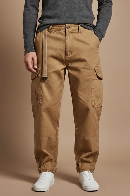 Pantalon Cargo Kaki Ample Coton Ceinture Décontracté Homme