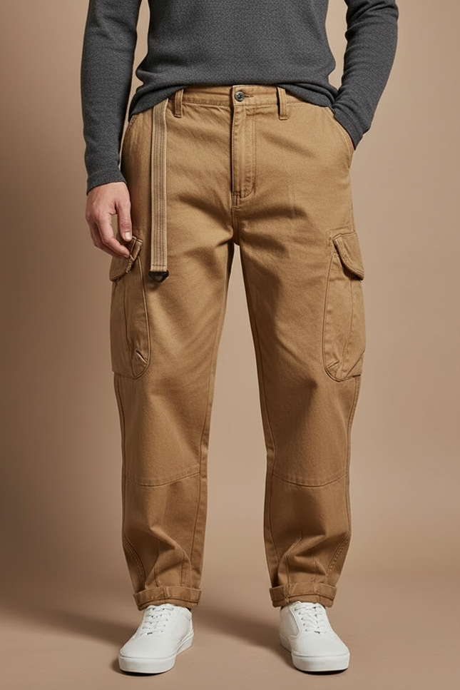 Pantalon Cargo Kaki Ample Coton Ceinture Décontracté Homme