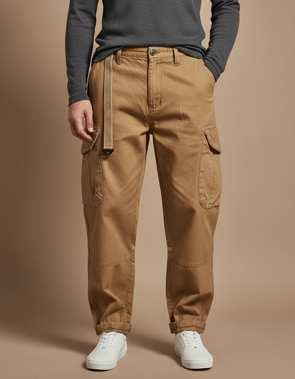 Pantalon Cargo Kaki Ample Coton Ceinture Décontracté Homme