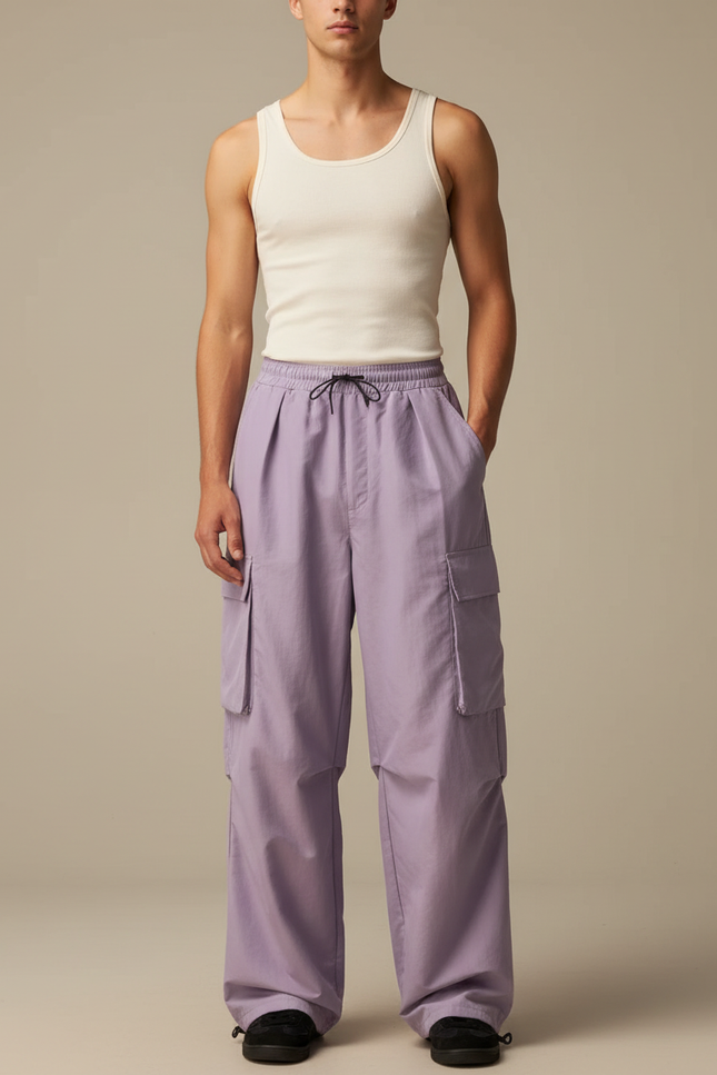 Pantalon Cargo Lilas Ample Multi-Poches Décontracté Homme - Violet Polyester