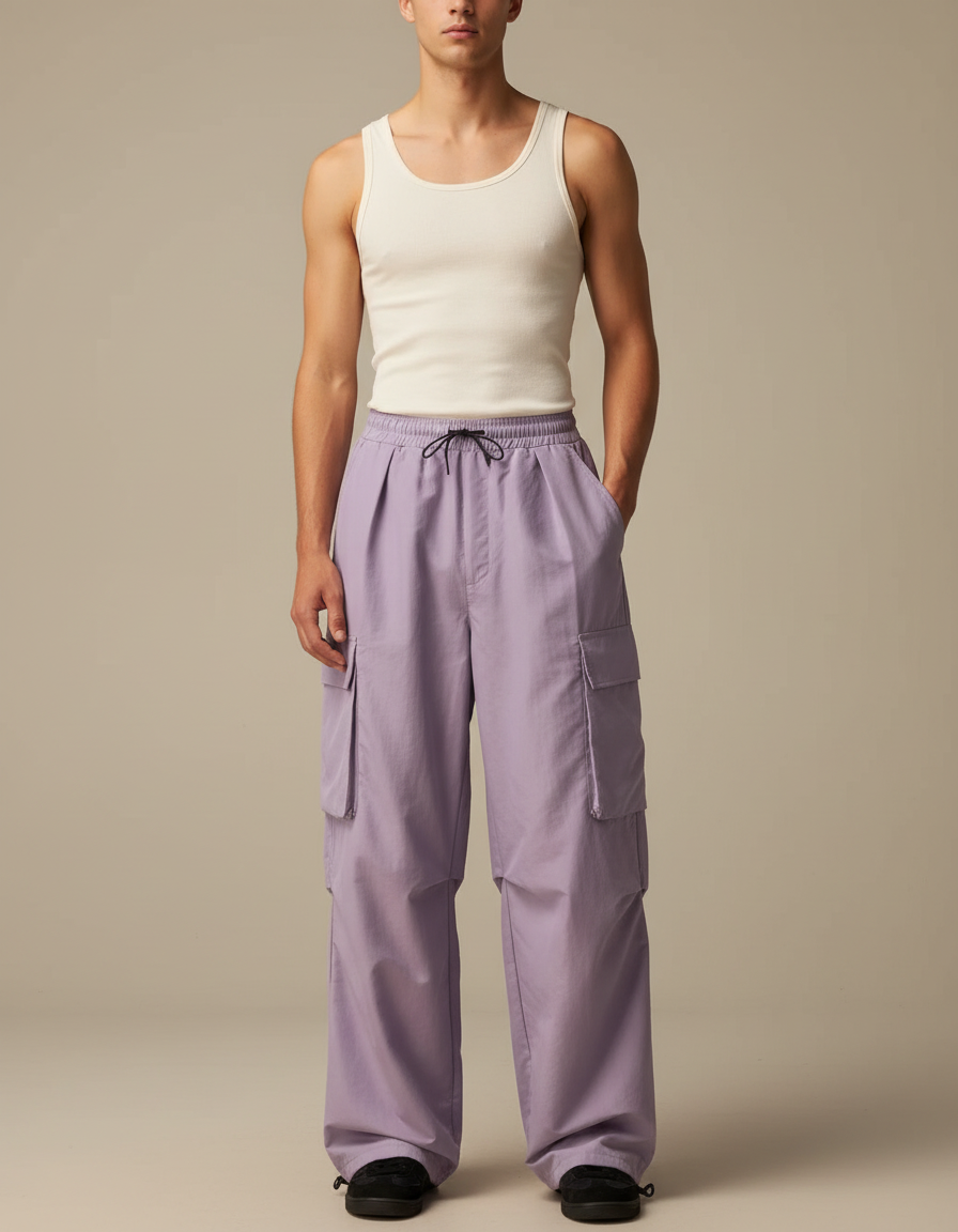 Pantalon Cargo Lilas Ample Multi-Poches Décontracté Homme - Violet Polyester