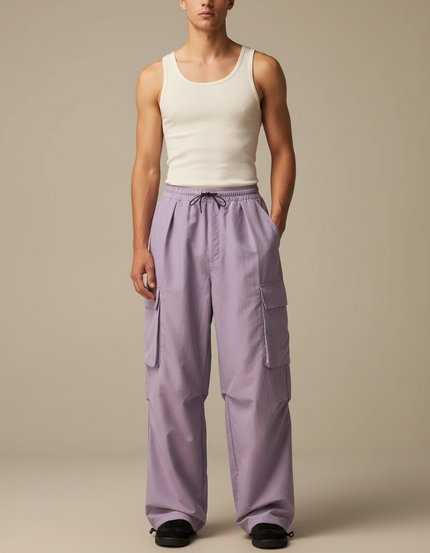 Pantalon Cargo Lilas Ample Multi-Poches Décontracté Homme - Violet Polyester
