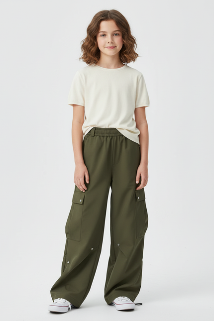 Pantalon Cargo Vert Militaire Ample Multipoches Fille - Kaki Polyester
