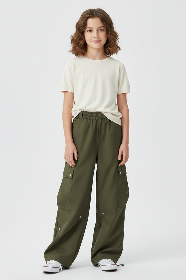 Pantalon Cargo Vert Militaire Ample Multipoches Fille - Kaki Polyester
