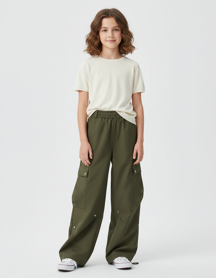 Pantalon Cargo Vert Militaire Ample Multipoches Fille - Kaki Polyester