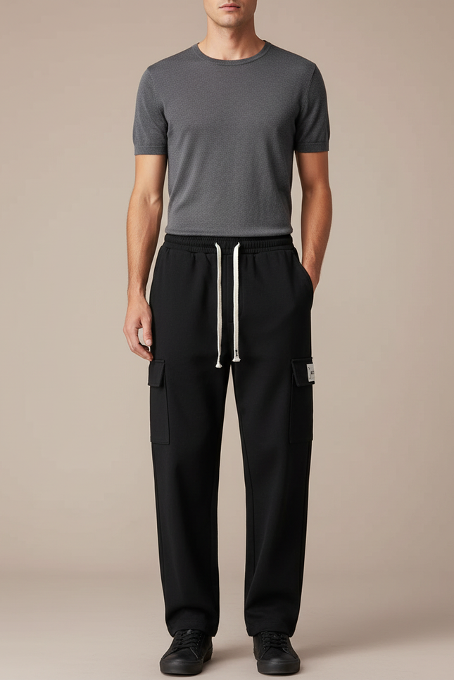 Pantalon Cargo Noir Ample Coton Décontracté Homme - Molleton