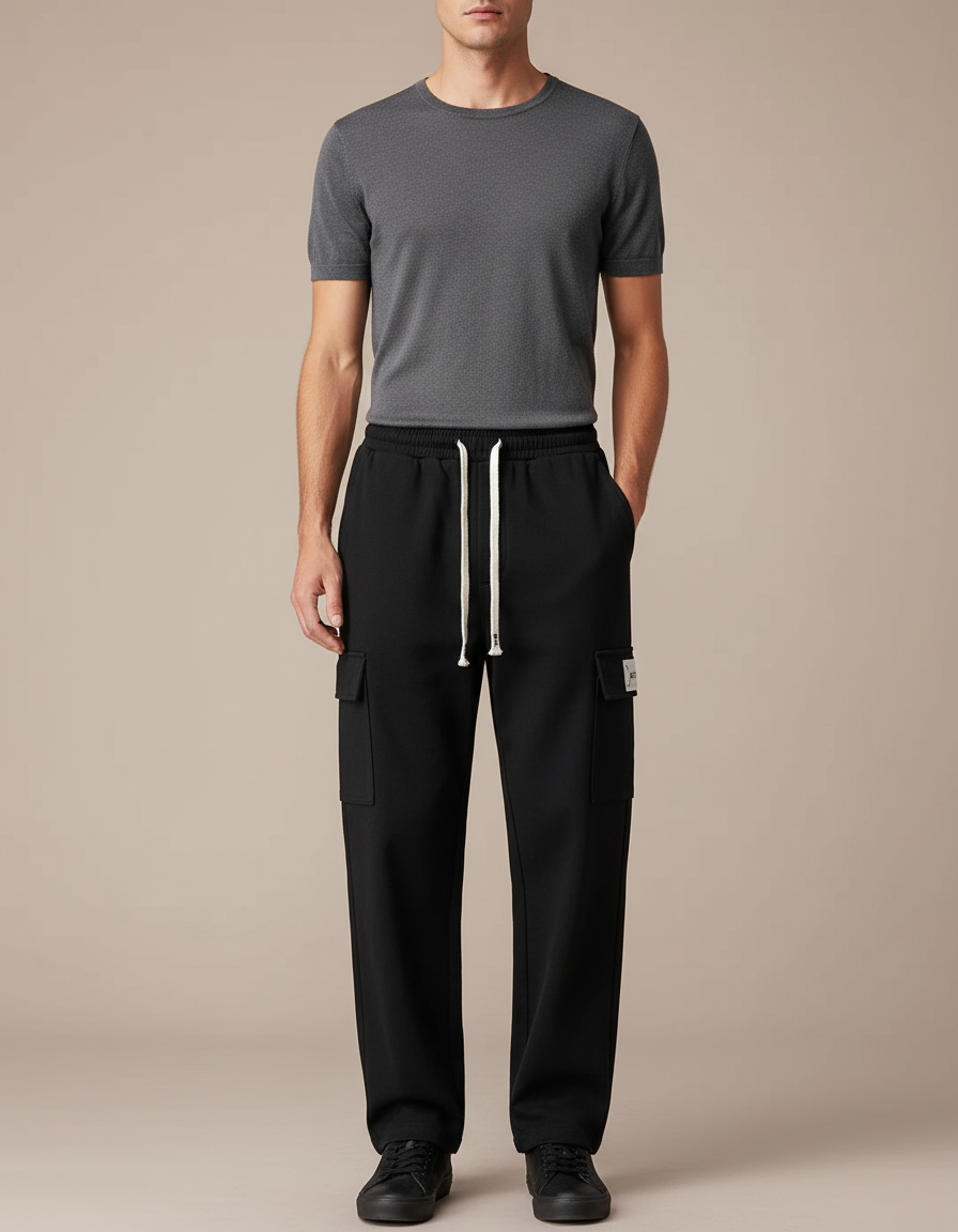 Pantalon Cargo Noir Ample Coton Décontracté Homme - Molleton