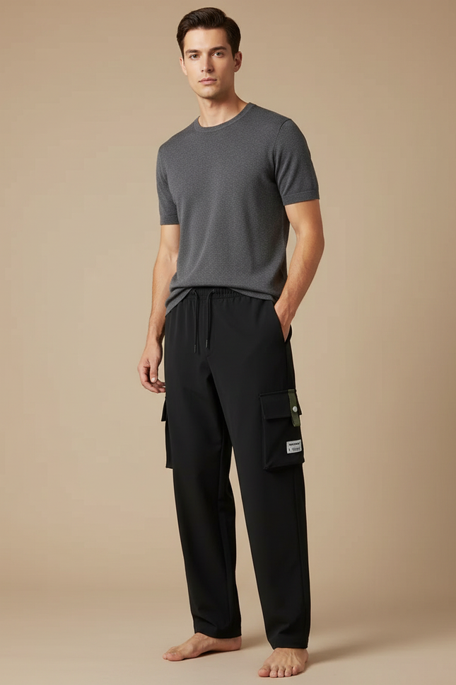 Pantalon Cargo Noir Droit Multipoches Homme Décontracté - Polyester
